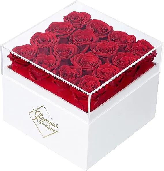 Preserved Roses in a Box - Valentines Day Gifts for Her, wife & Mom, 16-Piece Rose Flowers Forever Decor for Birthday Gift, Get Well Flower Bouquet Cased in White Box with Cover - Red