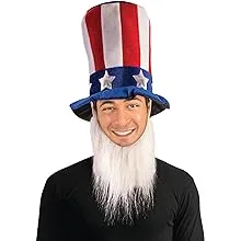 JUMBO UNCLE SAM TOP HAT + BEARD Patriotic Costume Red White Blue Stars USA Flag 