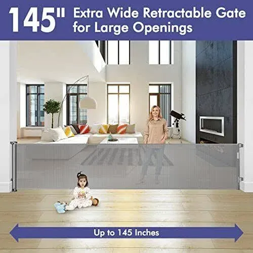 145 Inch Extra Wide Retractable Baby Gate for Large Openings Long Baby Gate 