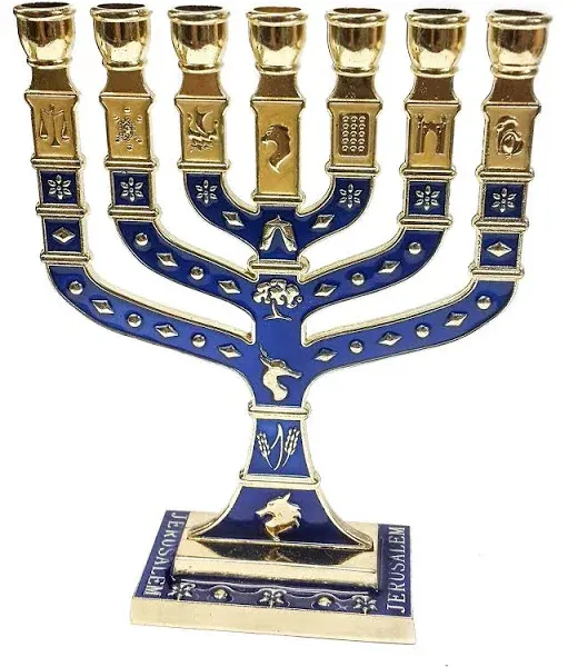 Golden Menorah 7 Branch 12 Tribes Of Israel Jerusalem Menora Blue Enamel 4.7"