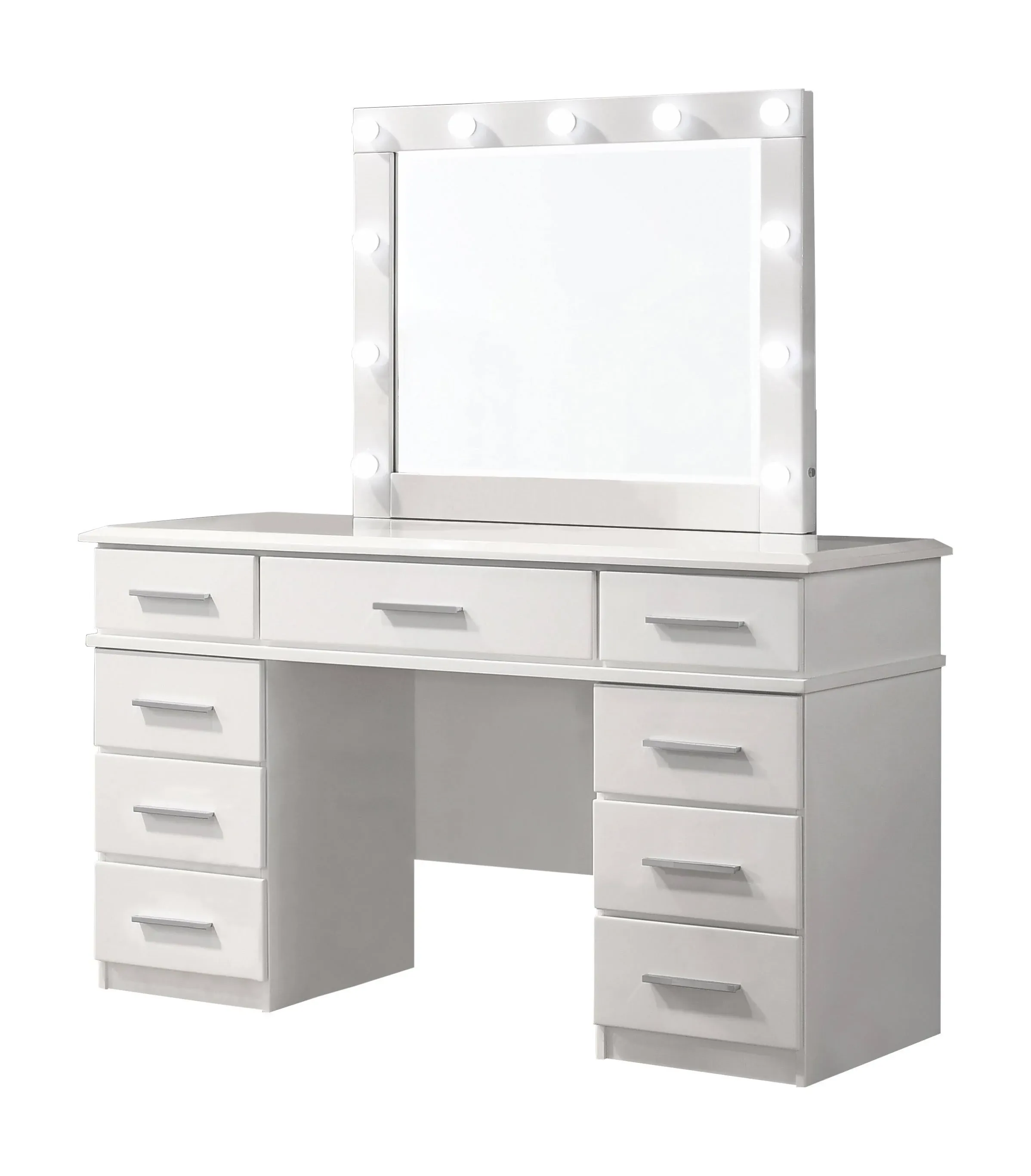 Coaster Felicity 9 Drawer Vanity Desk with Lighted Mirror Glossy White