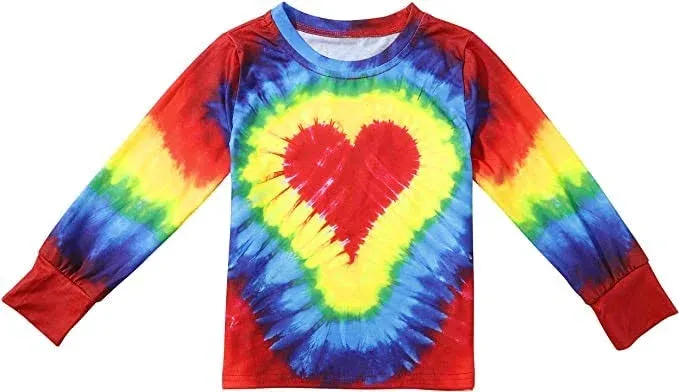 Toddler Baby Tie Dye Shirt Rainbow Colors Tie Dye Tee Heart Long Sleeve Graphic 