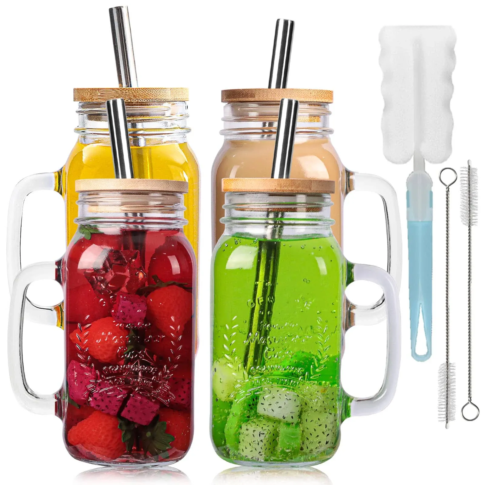 Elegant 4-Pack 24Oz Mason Jar Cups with Bamboo Lids and Straws - BPA-Free