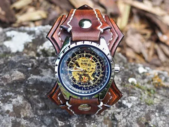 Vintage Brown Leather Steampunk Cuff Watch