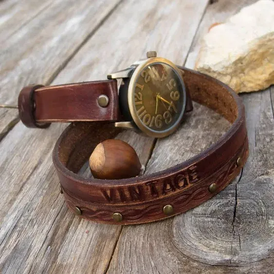 Wrist watches women, Rustic leather Watch, Vintage brown Leather cuff watch, Cowhide