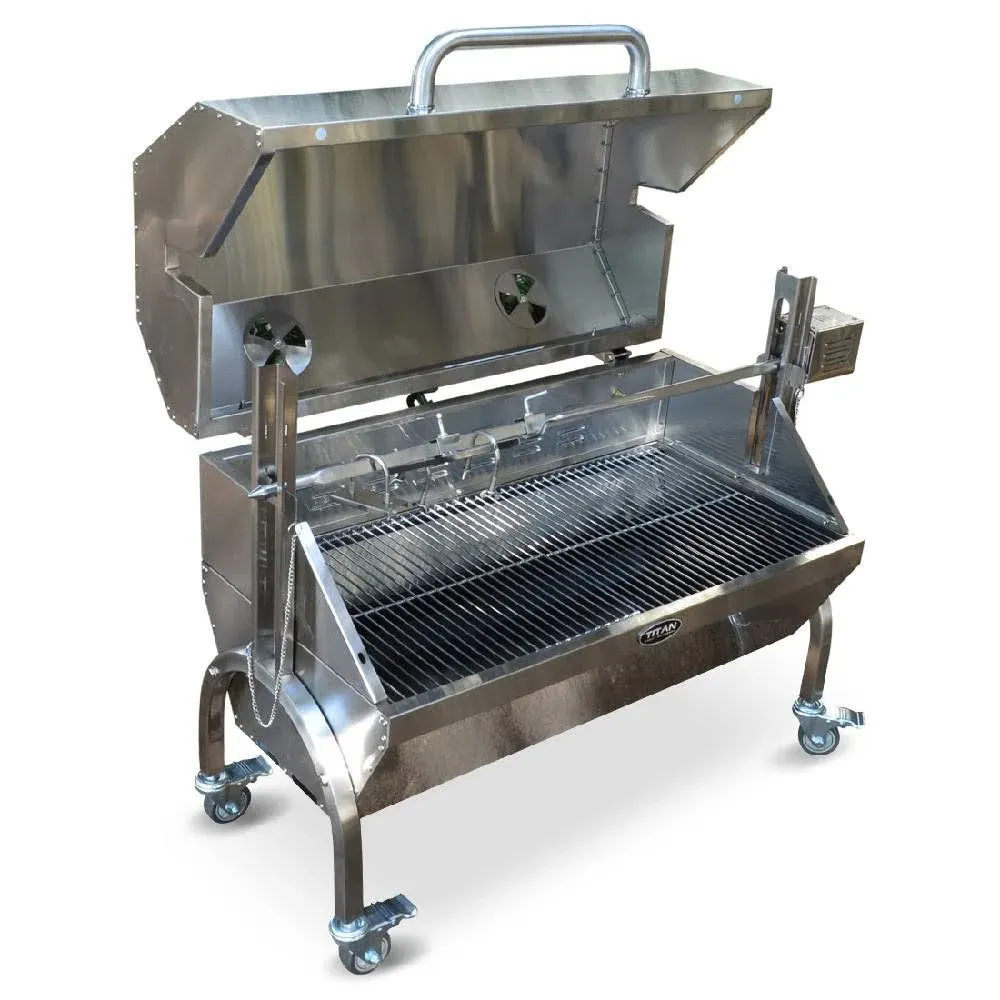 Titan Great Outdoors 35W Stainless Steel Rotisserie Grill Roaster with Glass Hood 85 LB Capacity