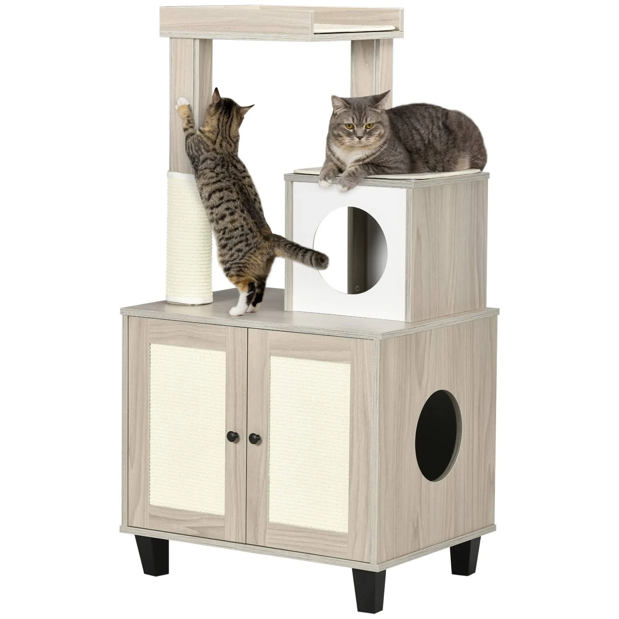 PawHut Cat Litter Box Enclosure Furniture with Cat Tree, Hidden Litter Box with ...