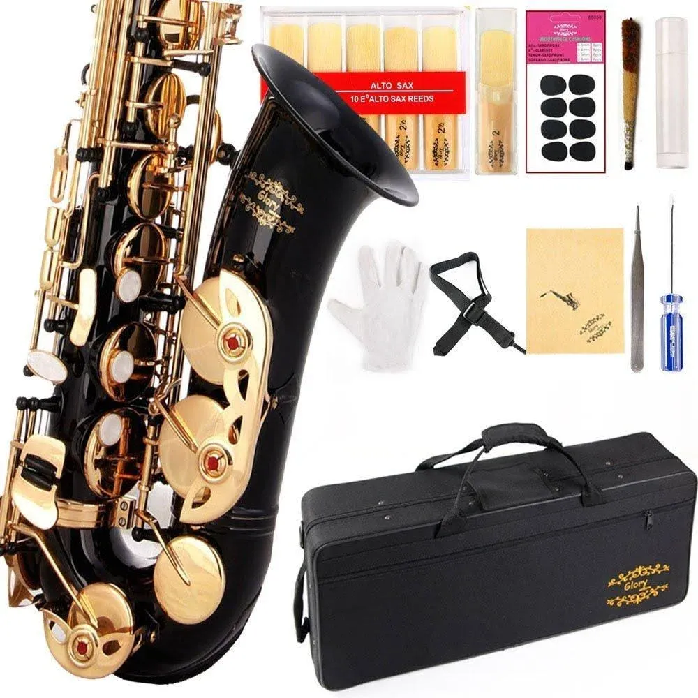 Glory Black/Gold Keys E Flat Professional Alto Saxophone Sax with 11reeds,8 Pads ...