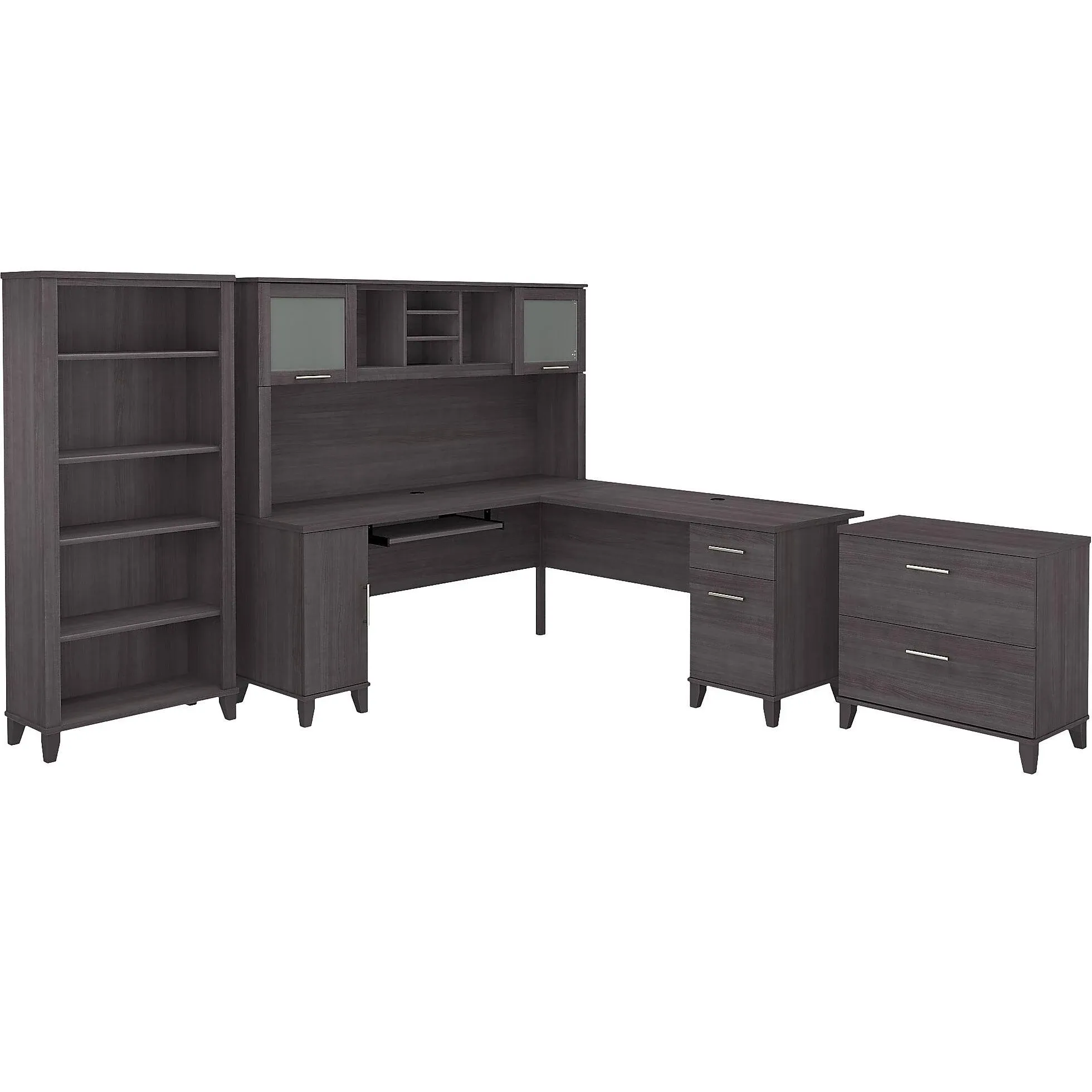 Bush Furniture Somerset L Shaped Desk with Hutch, Lateral File Cabinet and Bookcase, 72W, Storm Gray