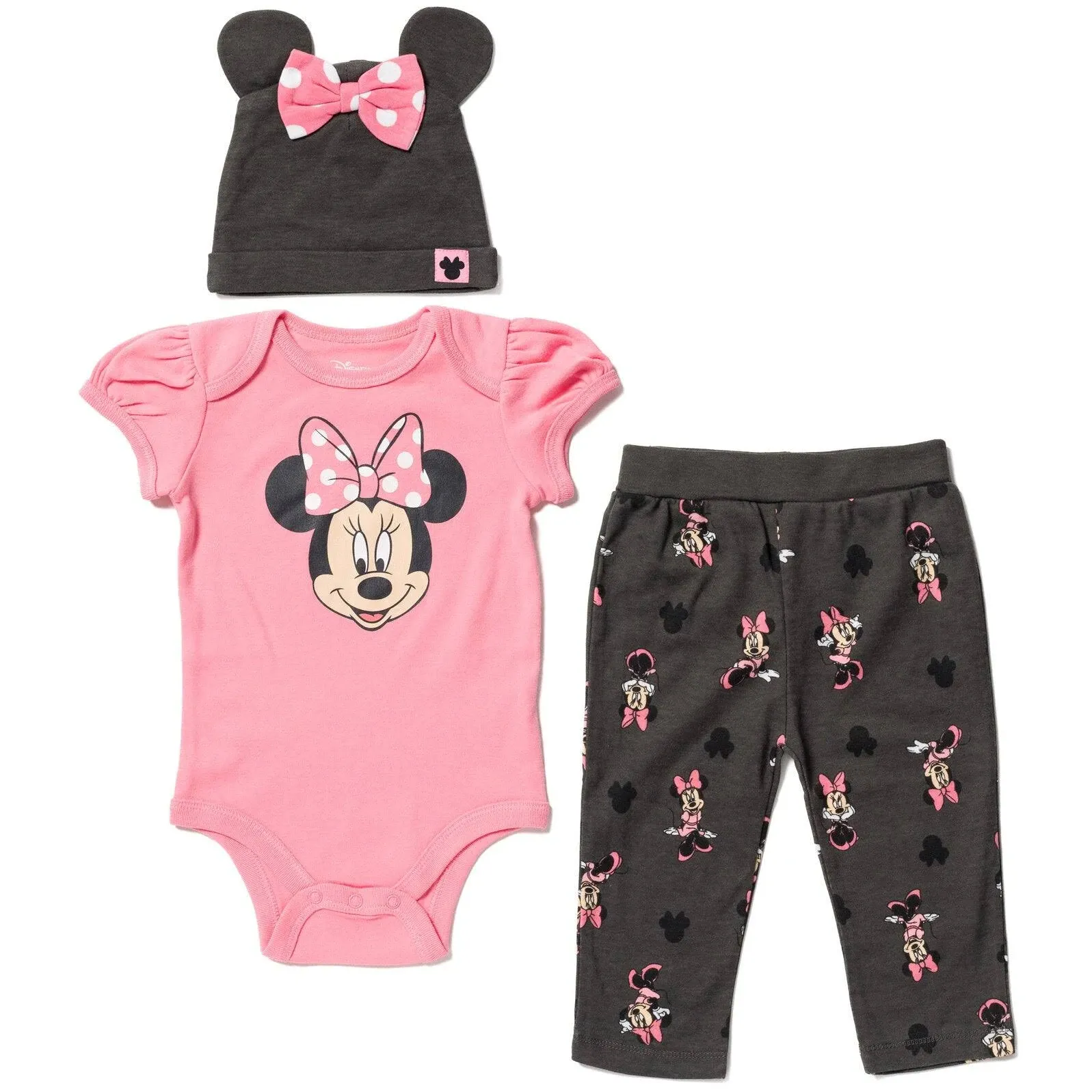 Disney Mickey Mouse & Friends Minnie Mouse Newborn Baby Boy or Girl Bodysuit Pants and Hat 3 Piece Outfit Set 3-6 Months