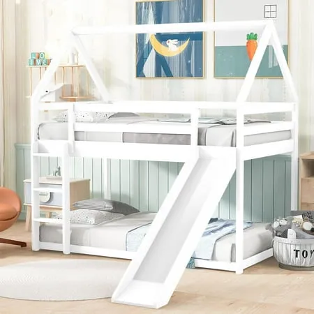 Harper & Bright Designs House Bunk Bed with Slide and Ladder, Metal Low Bunk Bed ...