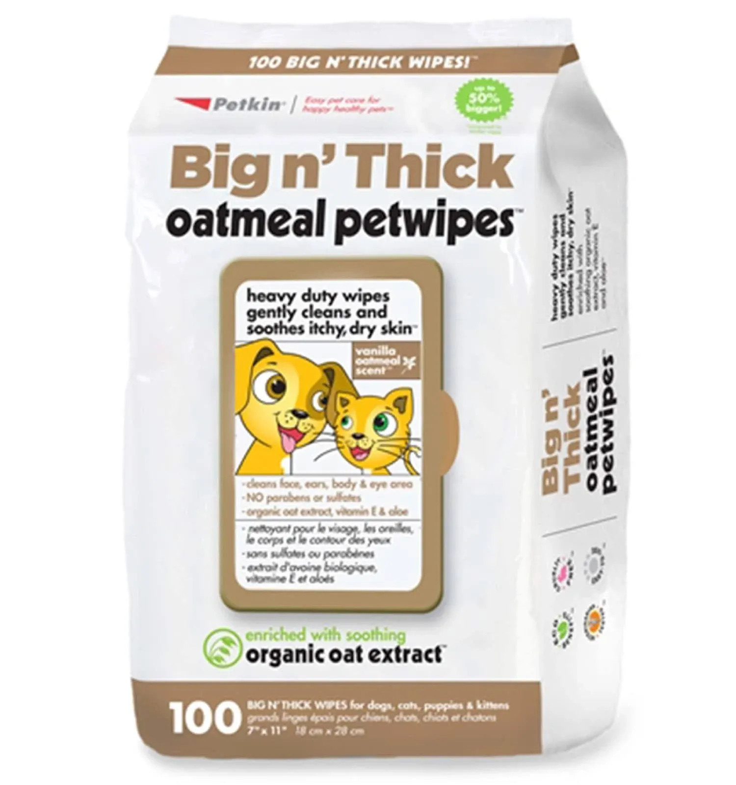 Petkin Big N&#039; Thick Extra Large Oatmeal Pet Wipes 100 Count