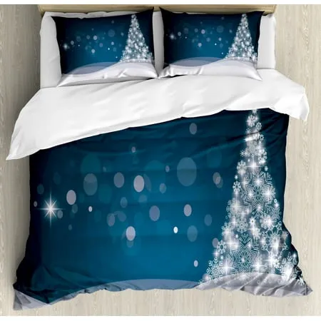 Christmas Duvet Cover Set King Size Fantasy Backdrop Abstract Xmas Tree Dreamlike Snowflakes Dots Wintertime Decorative 3 Piece Bedding Set with 2 Pillow Shams Dark Blue White by Ambesonne