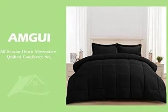 Comforter Set 3 Pieces - Goose Down Alternative with 2 Pillow Queen Black