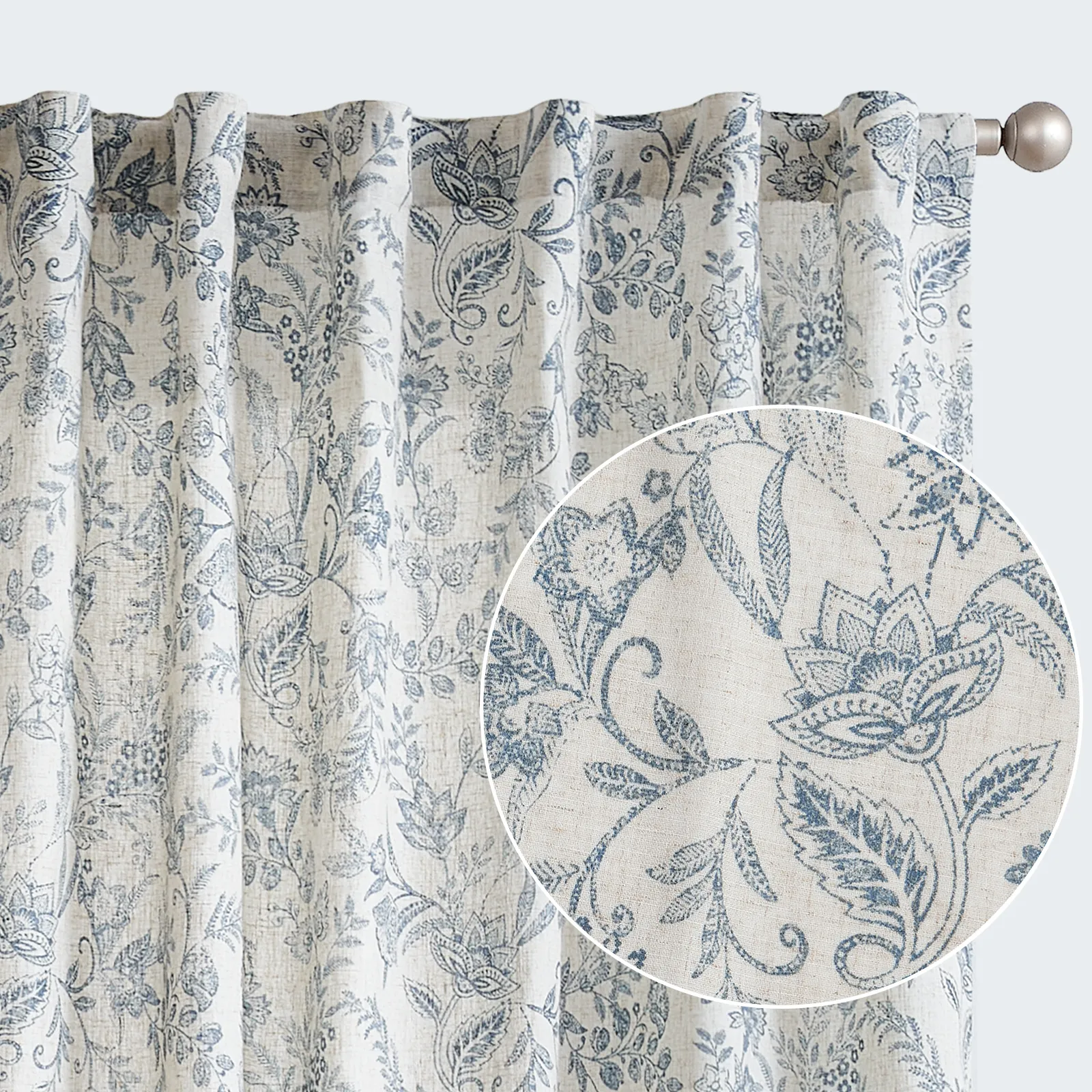 Lazzzy Grey Floral Linen Farmhouse Curtains for Living Room 63 Inch Length Window Curtains Semi Sheer Drapes for Bedroom Country Light Filtering Curtain Grommet Top 2 Panels Grey on Beige