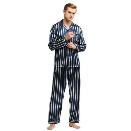 Tony & Candice Men s Classic Satin Pajama Set Adult Sleepwear (XX-Large Navy and Beige Striped)