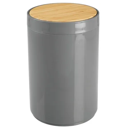 mDesign Plastic Round Trash Can Small with Swing-Close Lid - Gray/Natural