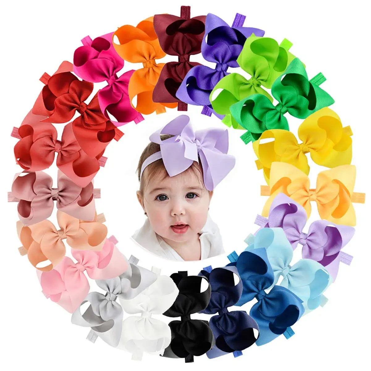 jollybows 20pcs Baby Girls Grosgrain Ribbon Hair Bows Headbands 6&#034; Elastic Ha...