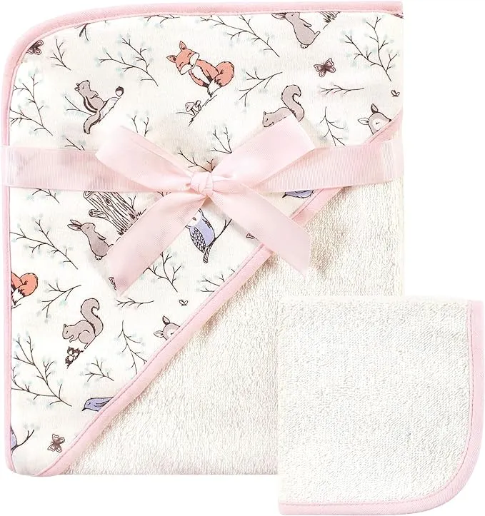 Infant Girl Cotton Hooded Towel and Washcloth 2pc Set, Enchanted Forest, One Size