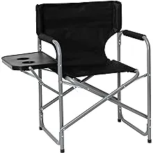 "Emma + Oliver Folding Director's Chair - Black Canvas Fabric - Gray Steel Tube Framing - Integrated Folding Side Table with Two Cupholders"