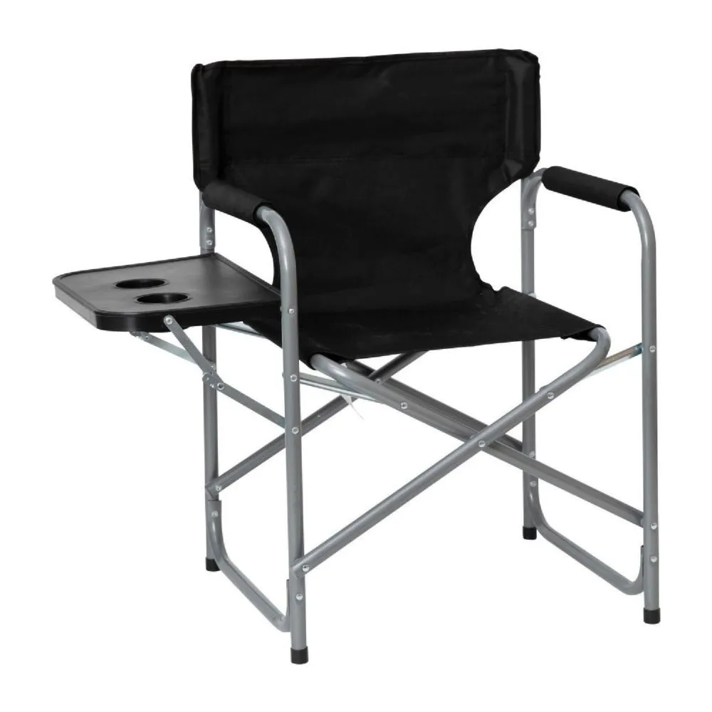 Emma + Oliver Folding Director's Chair - Black Canvas Fabric - Gray Steel Tube Framing - Integrated Folding Side Table with Two Cupholders