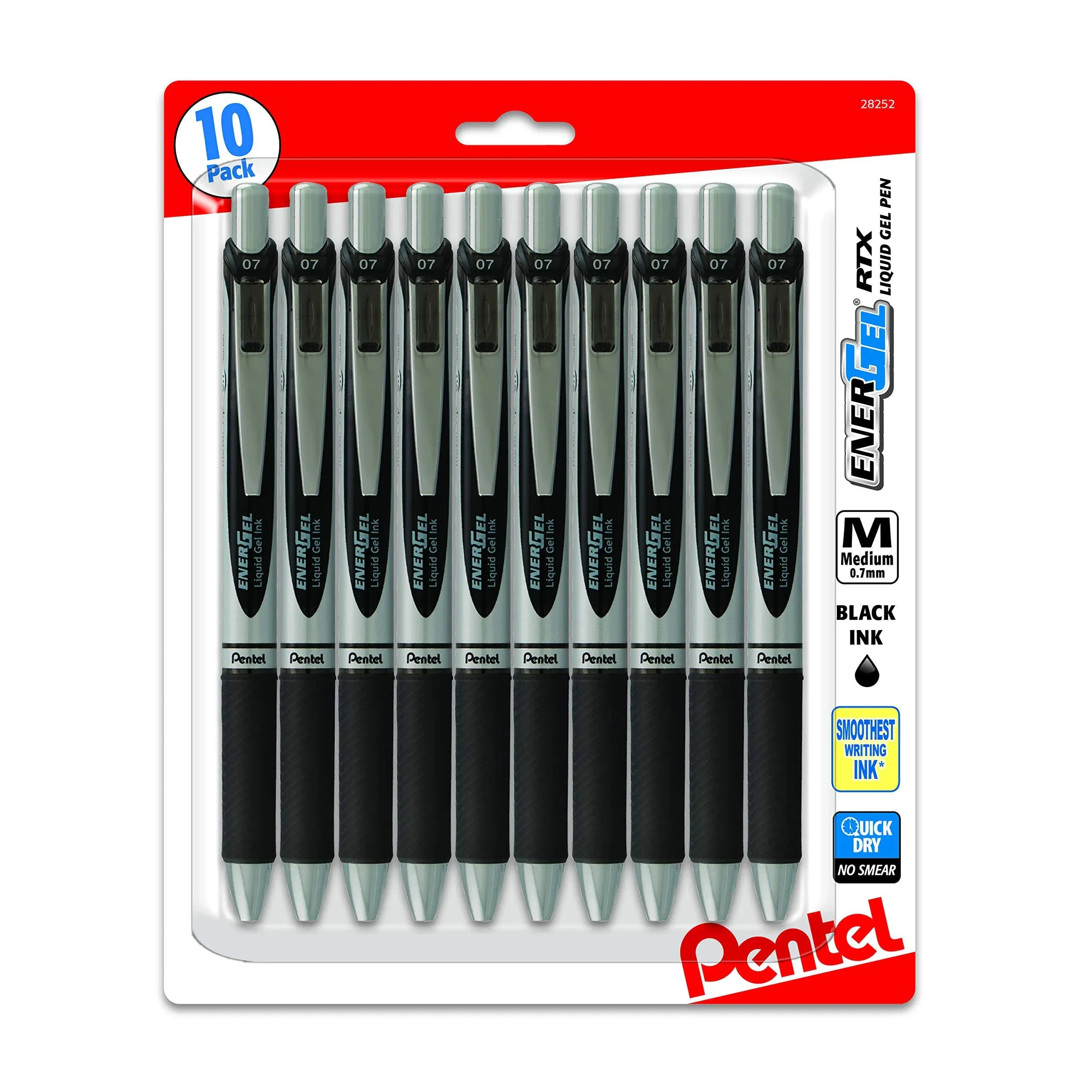 Pentel EnerGel 0.7 mm RTX Retractable Deluxe Liquid Gel Pen, Bulk Pack of 10 Black Ink Metal Pens, Medium Line, Metal Tip Premium Pentel Pens Great