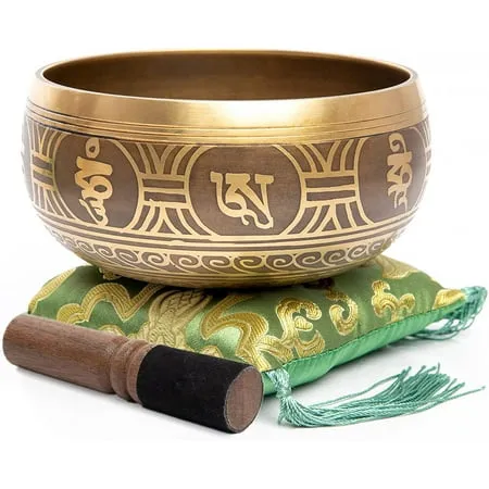 Tibetan Singing Bowl Set - Easy To Play Authentic Handcrafted For Meditation Sound Bowl Chakra Yoga Healing 4 Inches By Himalayan Bazaar (Gold & Green)