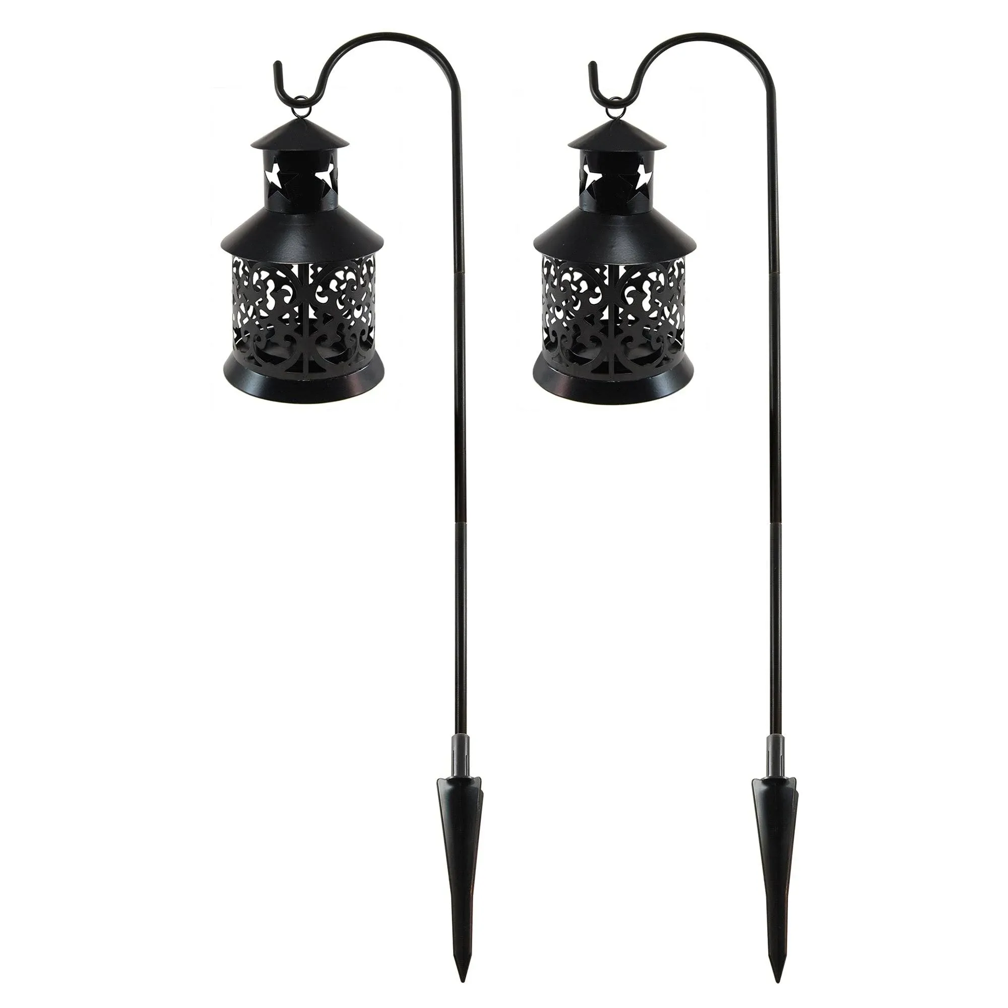 Lumabase Set Of 2 Black Metal Lantern Candle Holder And 30" Shepherd\'s Hook