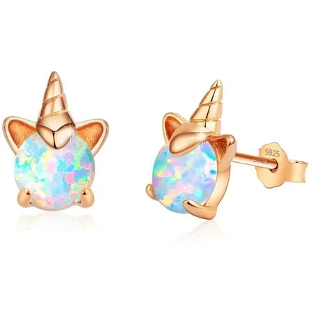 TINGN Unicorn Earrings for Girls Hypoallergenic Fire Opal S925 Sterling Silver with Tiny Cute Earring Jewelry Gifts for Kids Women