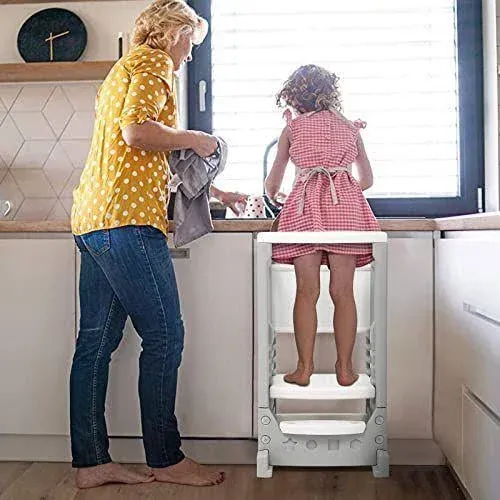 Kids Kitchen Step Stool with Whiteboard, Toddler Tower with 4 Adjustable Heights & Safety Rail, Baby Children Learning Stool Toddler Kitchen Stool Helper for Bathroom Sink Kitchen Counter