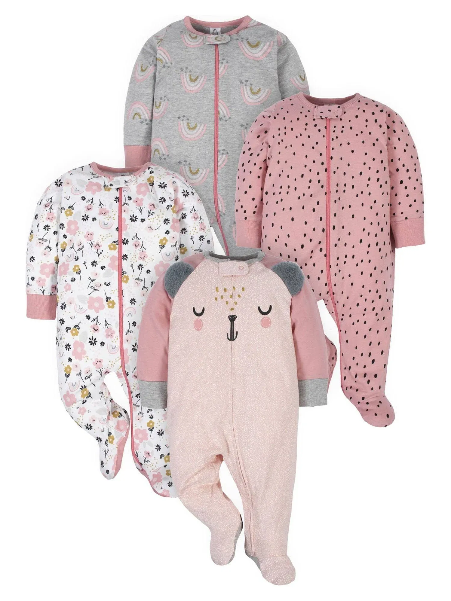 Gerber Baby Girl Sleep 'n Play Footed Pajamas, 4-Pack