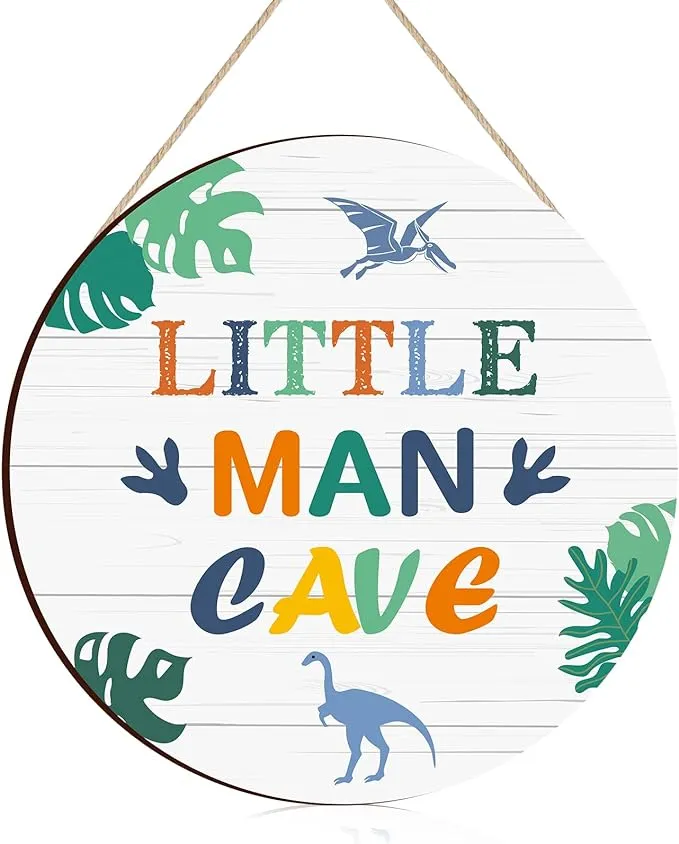 Little Man Cave Wooden Sign Dinosaur Quote Wood Plaque Nursery Hanging Wall Art 