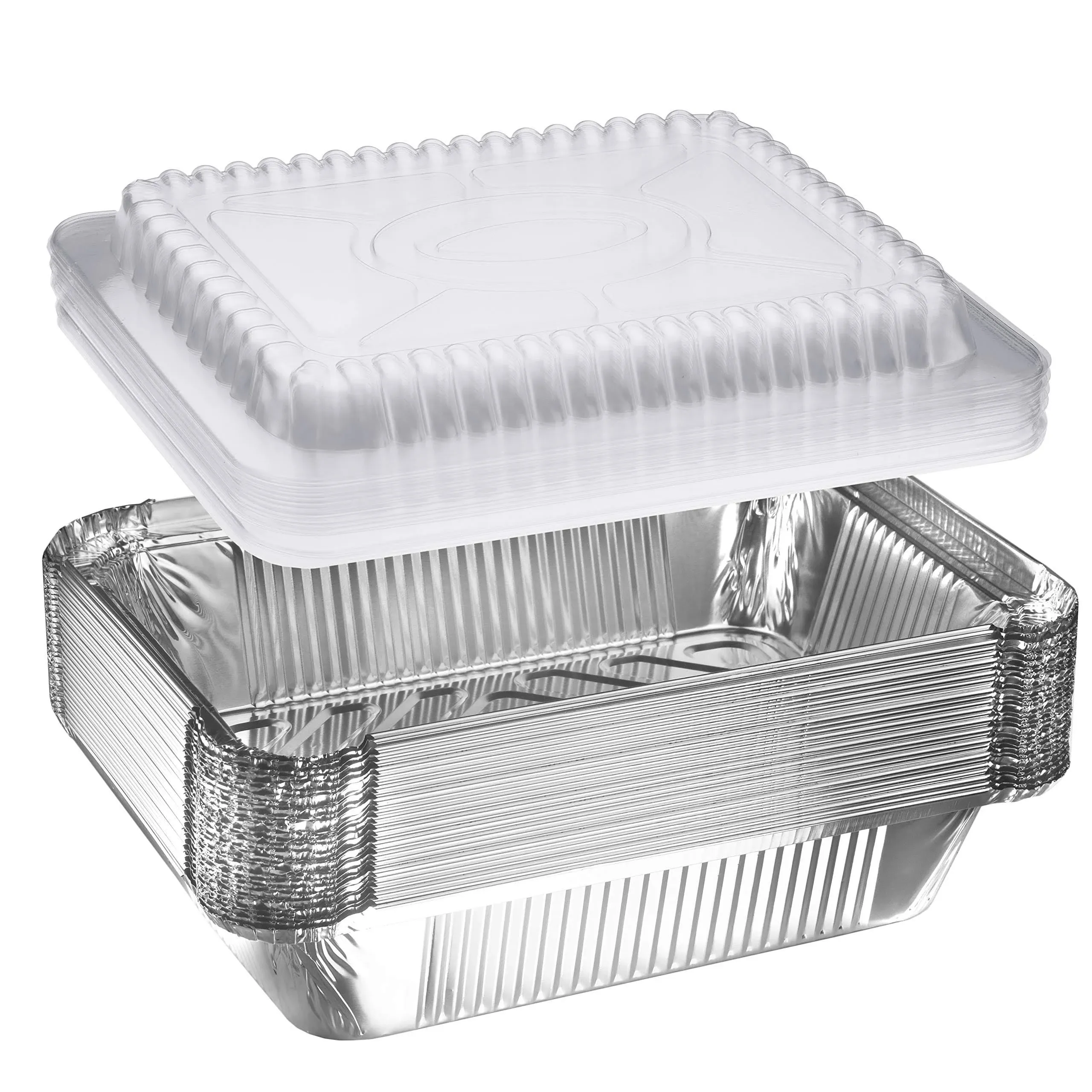 NYHI 30-Pack Heavy Duty Disposable Aluminum Oblong Foil Pans with Plastic Covers Recyclable Tin Food Storage Tray Extra-Sturdy Containers for Cooking, Baking, Meal Prep, Takeout - 8.4" x 5.9" - 2.25lb