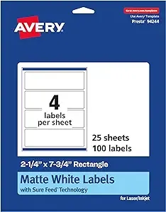 Avery Matte White Rectangle Labels with Sure Feed, 2.25 inch x 7.75 inch, 100 ...