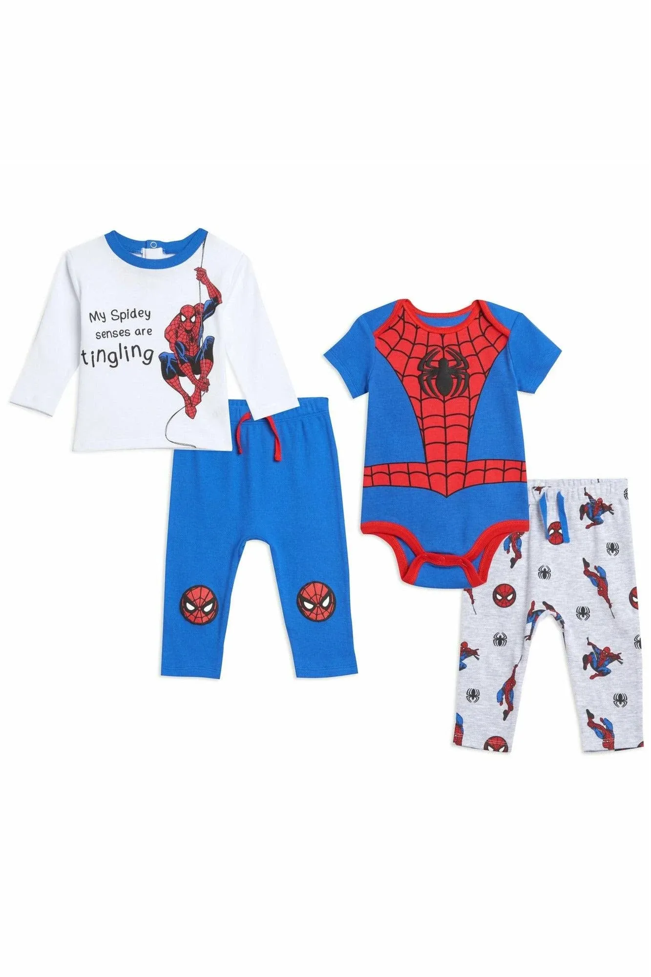 Marvel Avengers Spider-Man Baby Bodysuit Pullover T-Shirt and Pants 4 Piece Layette Set Newborn to Infant