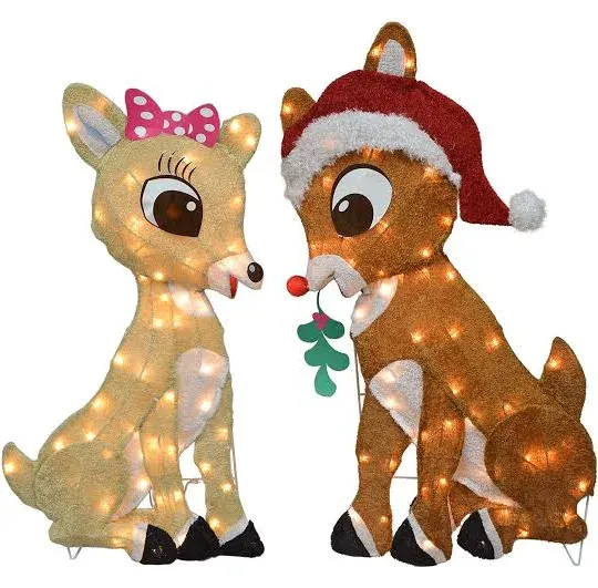 32" Rudolph Pre-Lit 2D Rudolph and Clarice Sitting with Mistletoe Christmas Decor White