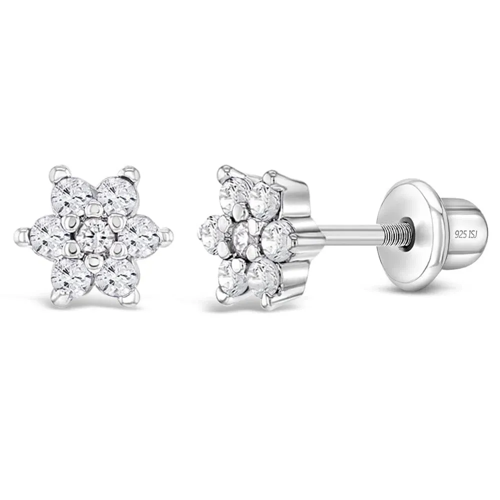 925 Sterling Silver 5mm CZ Flower Screw Back Earrings for Babies Toddlers Girls ...