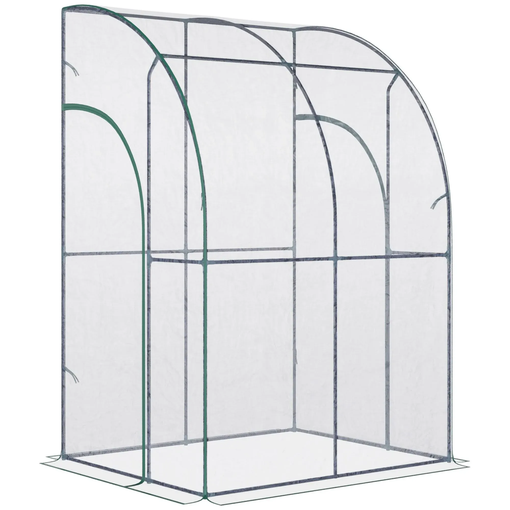 Outsunny Outdoor Walk-In Lean to Wall Tunnel Greenhouse with 2 Zippered Roll Up Doors PVC Cover Sloping Top, Clear, Green 5 x 4 x 7ft