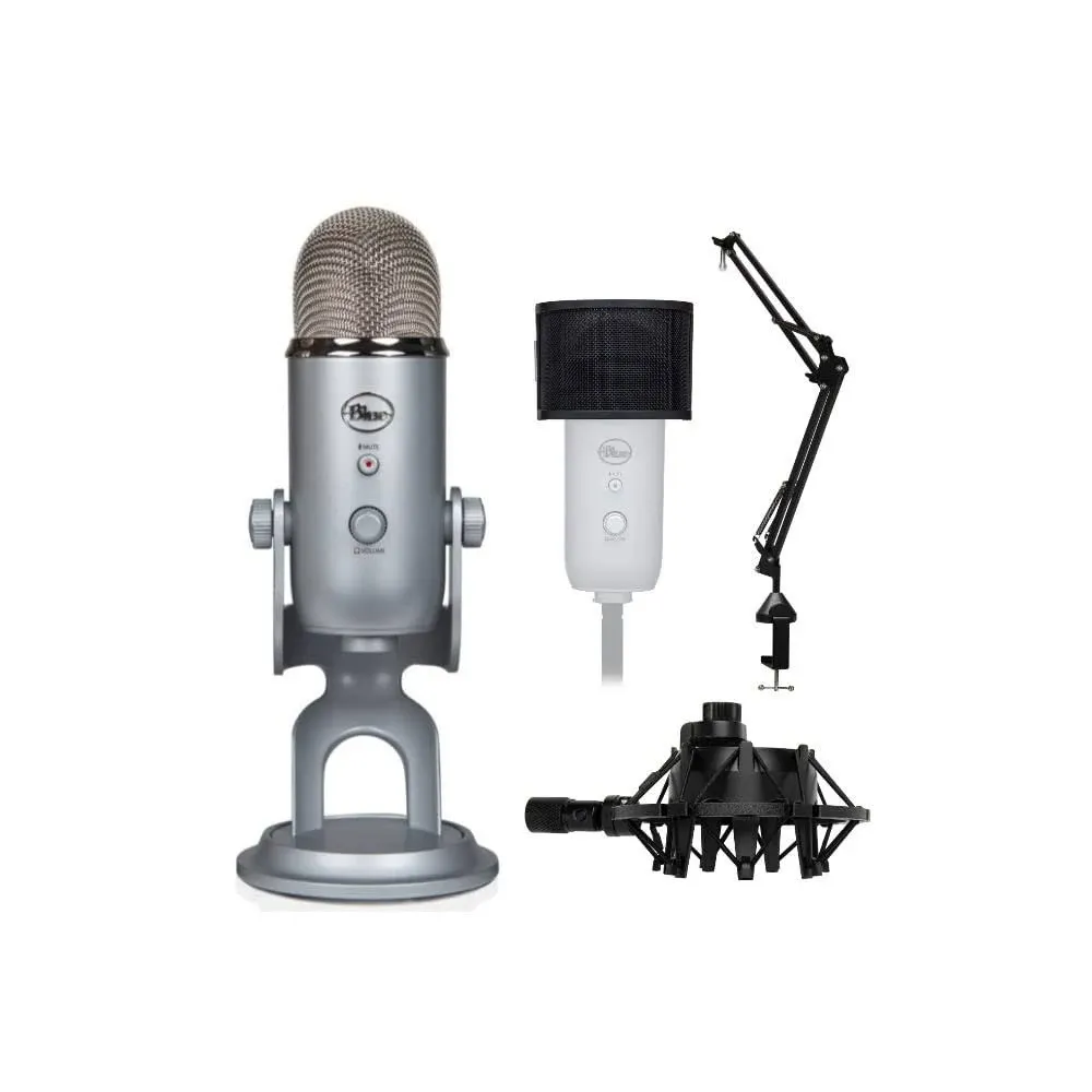 Blue Microphones Yeti Mic (Silver) with Boom Arm, Shock Mount and Pop Filter ...