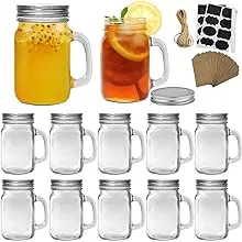 16 oz Mason Jars with Handle,Old Fashioned Drinking Glasses with Chalkboard Labels and Silver Metal Lids,Glass Mugs for Party or Daily use,Set of 12.