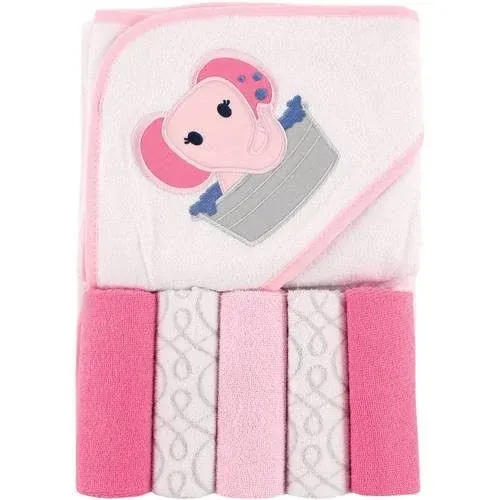 Luvable Friends Hooded Towel with Five Washcloths, Pink Elephant, One Size