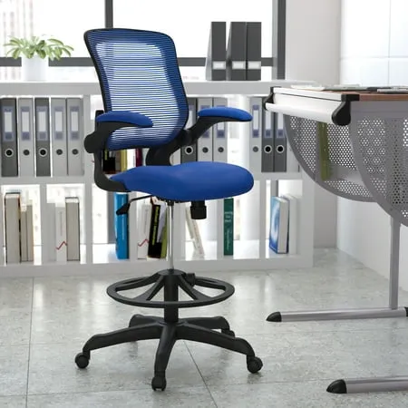 Kale Mid-Back Blue Mesh Ergonomic Drafting Chair with Adjustable Foot Ring and Flip-Up Arms