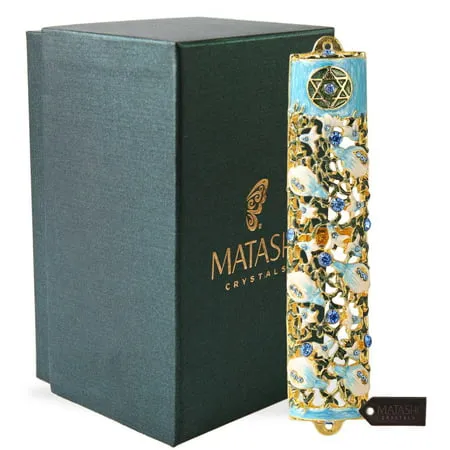 Matashi Hand Painted Blue and Ivory Enamel Flower Mezuzah Embellished with Gold ...