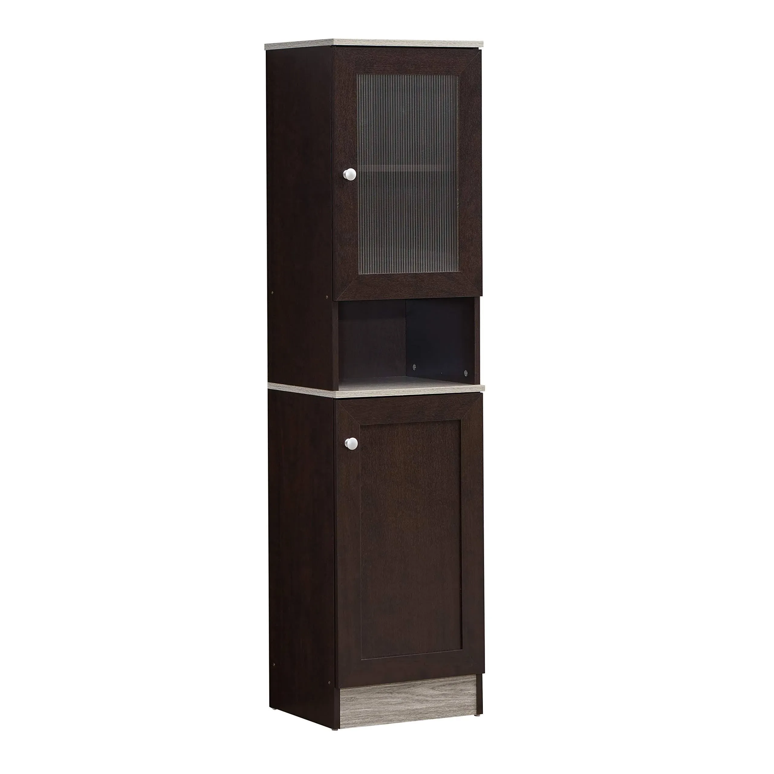 Hodedah 63" Tall Slim Open Shelf Plus Top and Bottom Enclosed Storage Kitchen ...