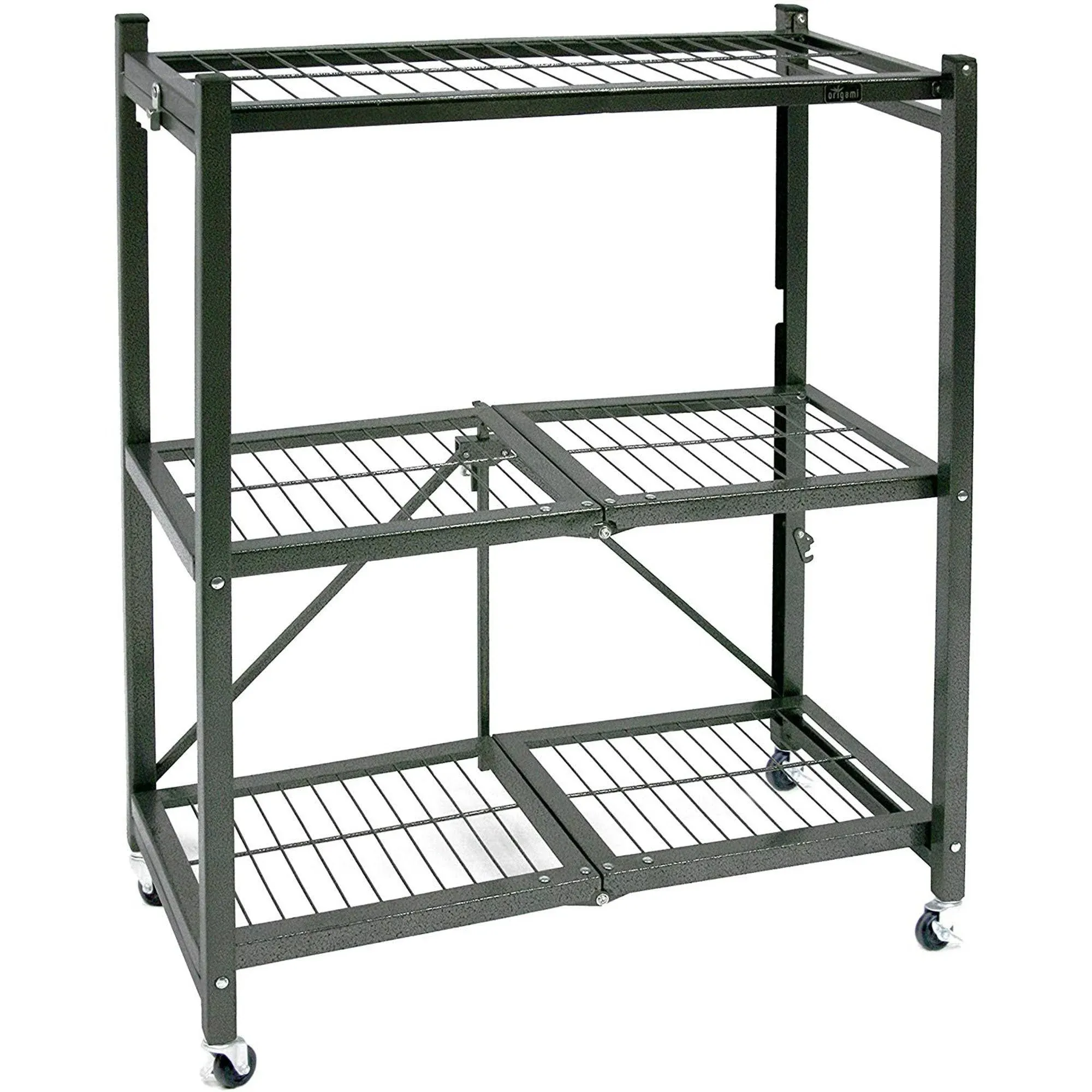 Origami R3 General Purpose Foldable 3-Tiered Shelf Storage Rack & Wheels, Pewter