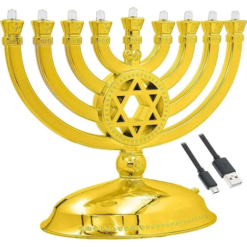 Mini Electric Menorah Traditional LED Travel Menora, Batteries or USB Powered, Micro USB 4' Cable Included (Gold)