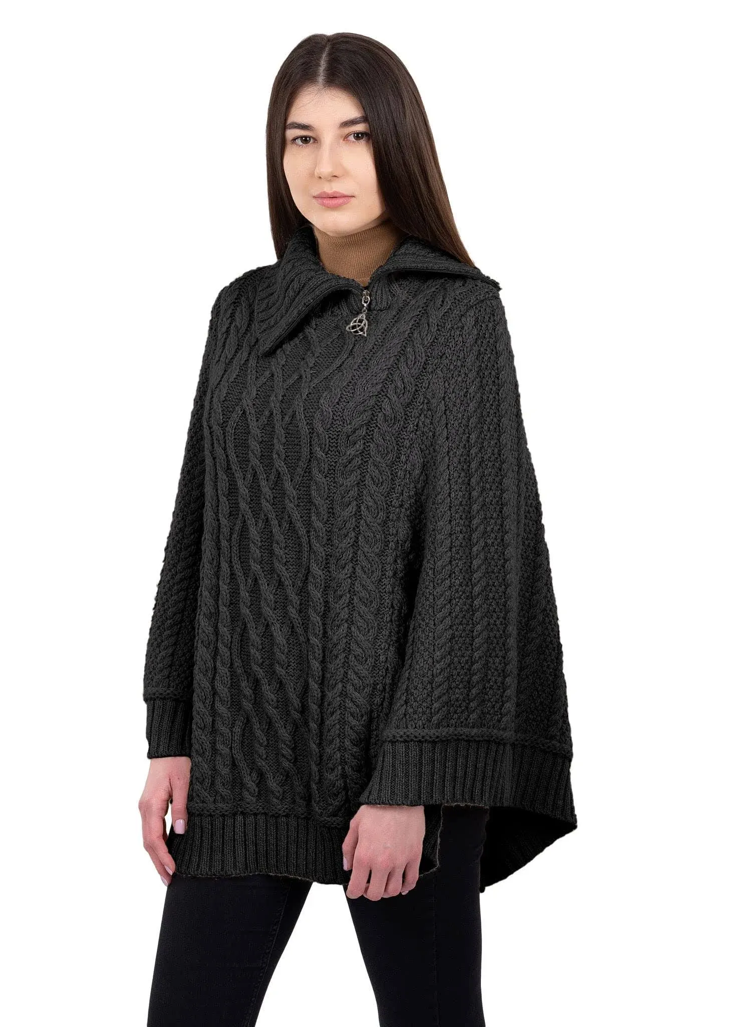 SAOL Ireland Ladies 100% Merino Wool Cowl Neck Zipper Poncho 