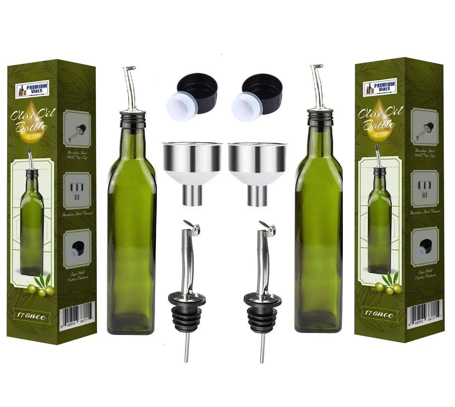 AOZITA [2 PACK] 17 oz Glass Olive Oil Dispenser Bottle Set - 500ml Dark Green Oil & Vinegar Cruet Bottle with Pourers, Funnel and Labels - Olive Oil Carafe Decanter for Kitchen