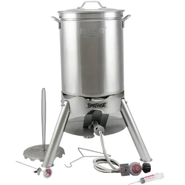 Bayou Classic 200-440 44-qt Stainless Turkey Fryer Kit Features 44-qt Stockpot w/Lid Poultry Rack & Lift Hook 14-in Tall Stainless Cooker Frame w/ 4-in Cast Aluminum Burner