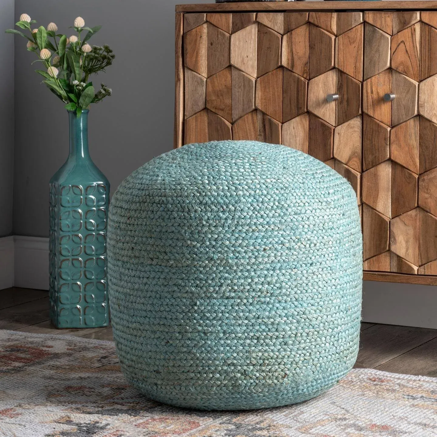 nuLOOM Bristol Braided Solid Jute Ottoman Pouf (Green)